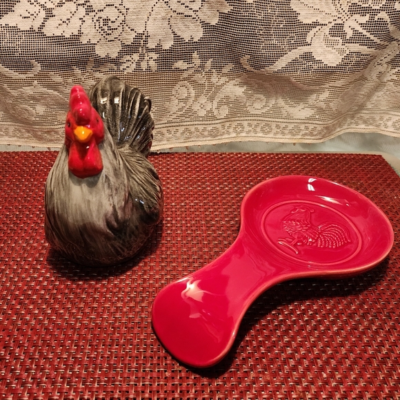 Cracker Barrel Kitchen Ceramic Rooster Scrubby Holder And Spoon